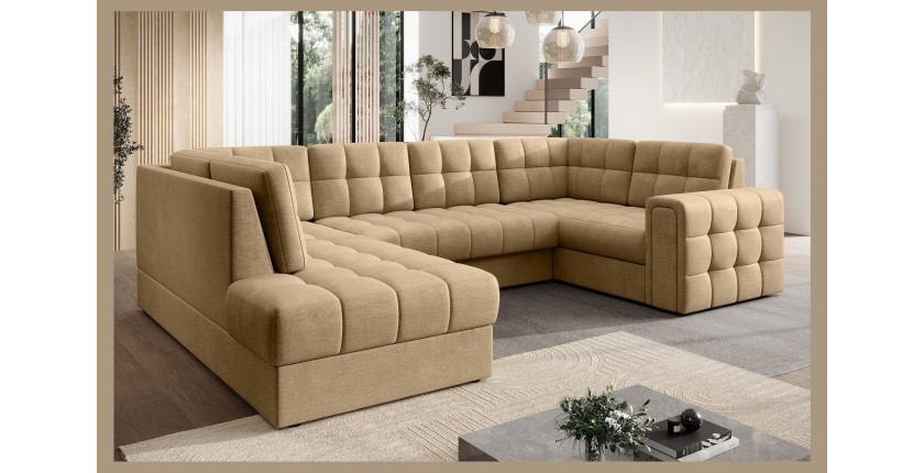 Canapé d’angle convertible MONTEZA marron clair gauche 299 cm avec coffre et couchage 