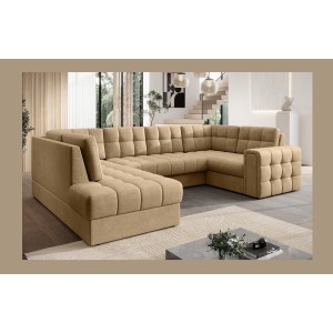 Canapé d’angle convertible MONTEZA marron clair gauche 299 cm avec coffre et couchage 