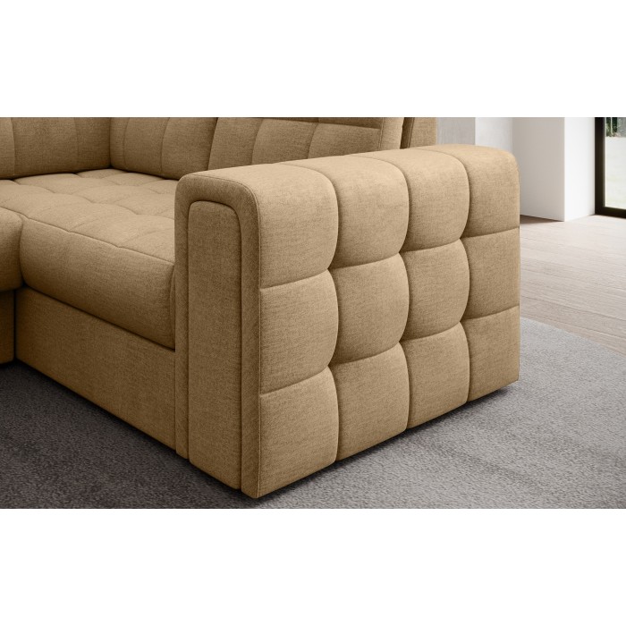Canapé d’angle convertible MONTEZA marron clair gauche 299 cm avec coffre et couchage 