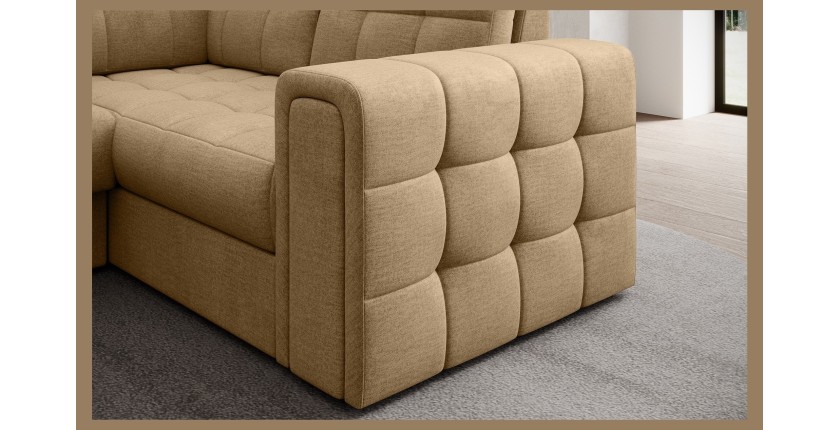 Canapé d’angle convertible MONTEZA marron clair gauche 299 cm avec coffre et couchage 