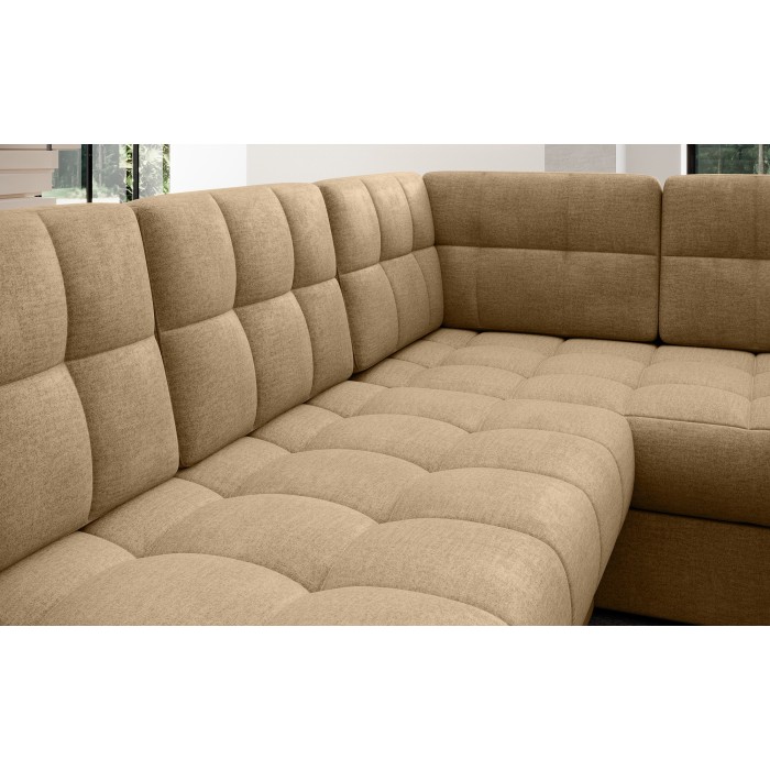 Canapé d’angle convertible MONTEZA marron clair gauche 299 cm avec coffre et couchage 