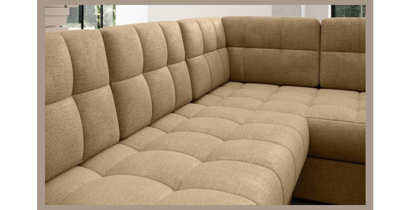 Canapé d’angle convertible MONTEZA marron clair gauche 299 cm avec coffre et couchage 