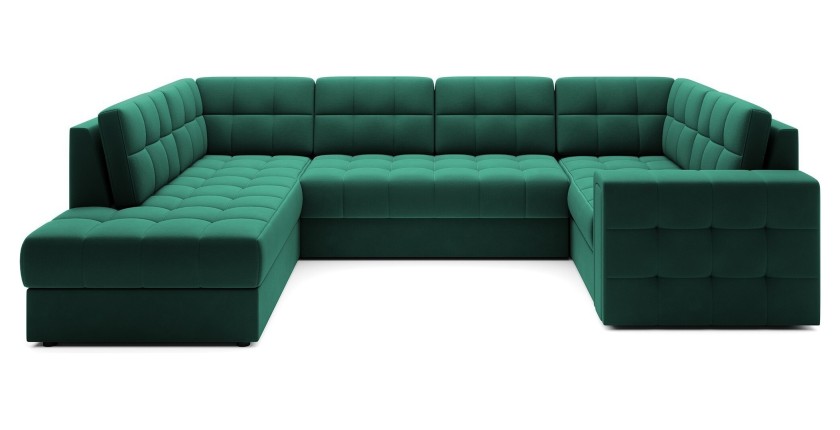 Canapé d’angle convertible MONTEZA vert gauche 299 cm avec coffre et couchage 