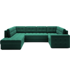 Canapé d’angle convertible MONTEZA vert gauche 299 cm avec coffre et couchage 