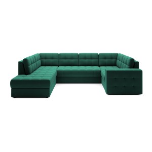 Canapé d’angle convertible MONTEZA vert gauche 299 cm avec coffre et couchage 