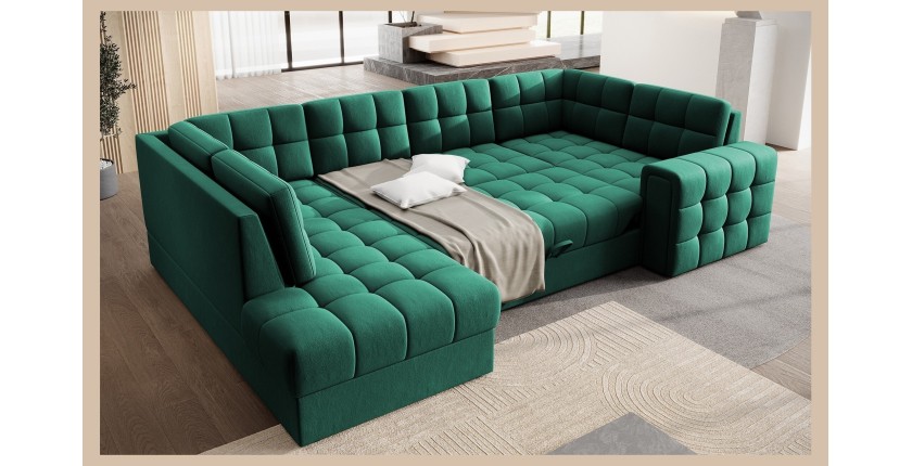 Canapé d’angle convertible MONTEZA vert gauche 299 cm avec coffre et couchage 