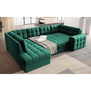 Canapé d’angle convertible MONTEZA vert gauche 299 cm avec coffre et couchage 