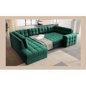 Canapé d’angle convertible MONTEZA vert gauche 299 cm avec coffre et couchage 