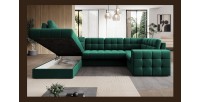 Canapé d’angle convertible MONTEZA vert gauche 299 cm avec coffre et couchage 