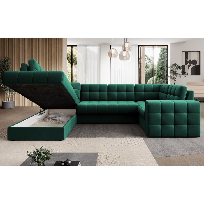 Canapé d’angle convertible MONTEZA vert gauche 299 cm avec coffre et couchage 