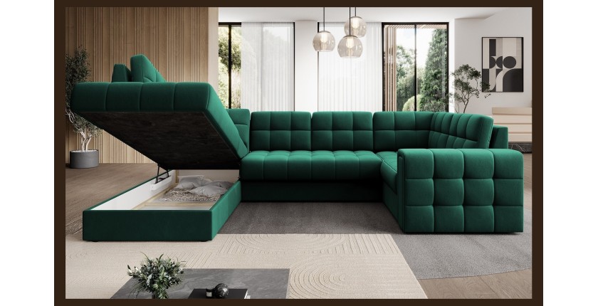 Canapé d’angle convertible MONTEZA vert gauche 299 cm avec coffre et couchage 
