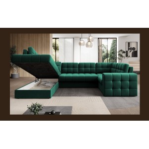 Canapé d’angle convertible MONTEZA vert gauche 299 cm avec coffre et couchage 
