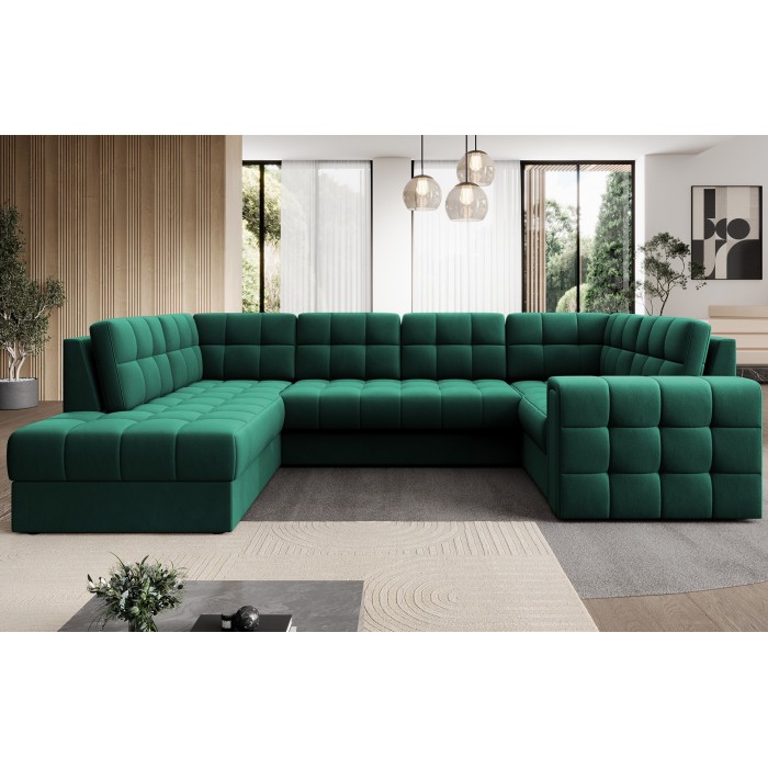 Canapé d’angle convertible MONTEZA vert gauche 299 cm avec coffre et couchage 