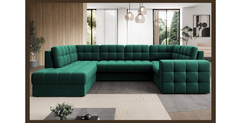 Canapé d’angle convertible MONTEZA vert gauche 299 cm avec coffre et couchage 