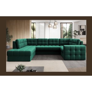 Canapé d’angle convertible MONTEZA vert gauche 299 cm avec coffre et couchage 