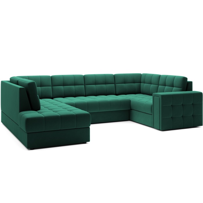 Canapé d’angle convertible MONTEZA vert gauche 299 cm avec coffre et couchage 
