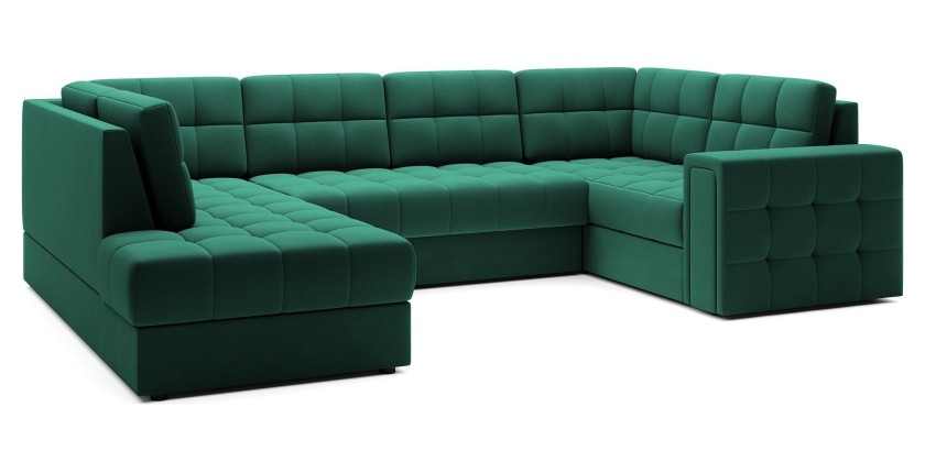 Canapé d’angle convertible MONTEZA vert gauche 299 cm avec coffre et couchage 