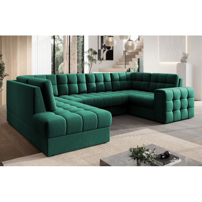 Canapé d’angle convertible MONTEZA vert gauche 299 cm avec coffre et couchage 