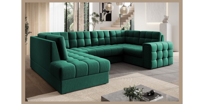 Canapé d’angle convertible MONTEZA vert gauche 299 cm avec coffre et couchage 