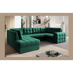 Canapé d’angle convertible MONTEZA vert gauche 299 cm avec coffre et couchage 