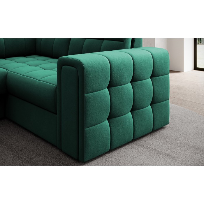 Canapé d’angle convertible MONTEZA vert gauche 299 cm avec coffre et couchage 