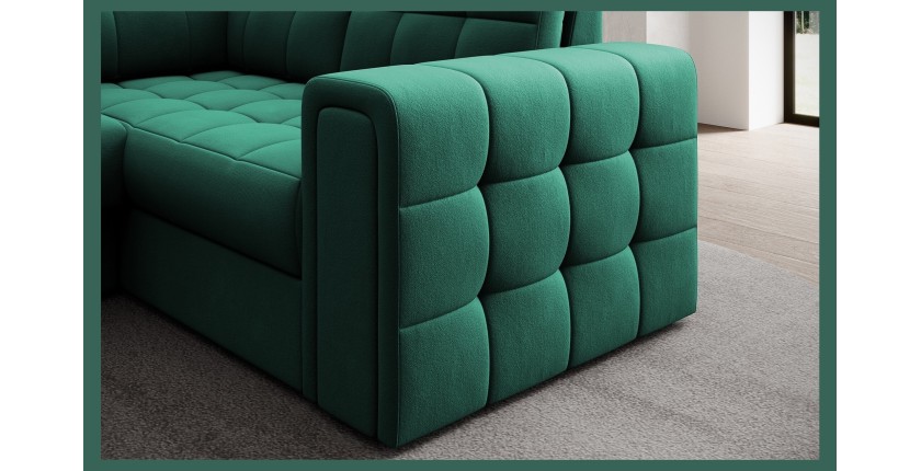 Canapé d’angle convertible MONTEZA vert gauche 299 cm avec coffre et couchage 