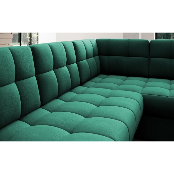 Canapé d’angle convertible MONTEZA vert gauche 299 cm avec coffre et couchage 