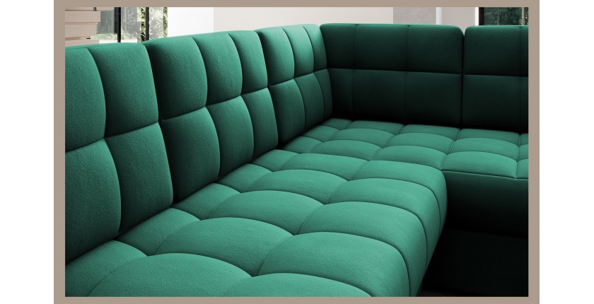 Canapé d’angle convertible MONTEZA vert gauche 299 cm avec coffre et couchage 