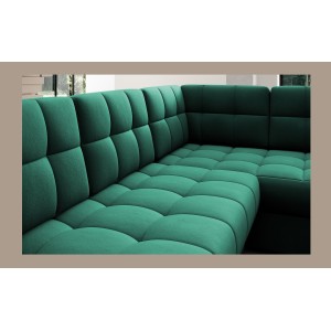 Canapé d’angle convertible MONTEZA vert gauche 299 cm avec coffre et couchage 