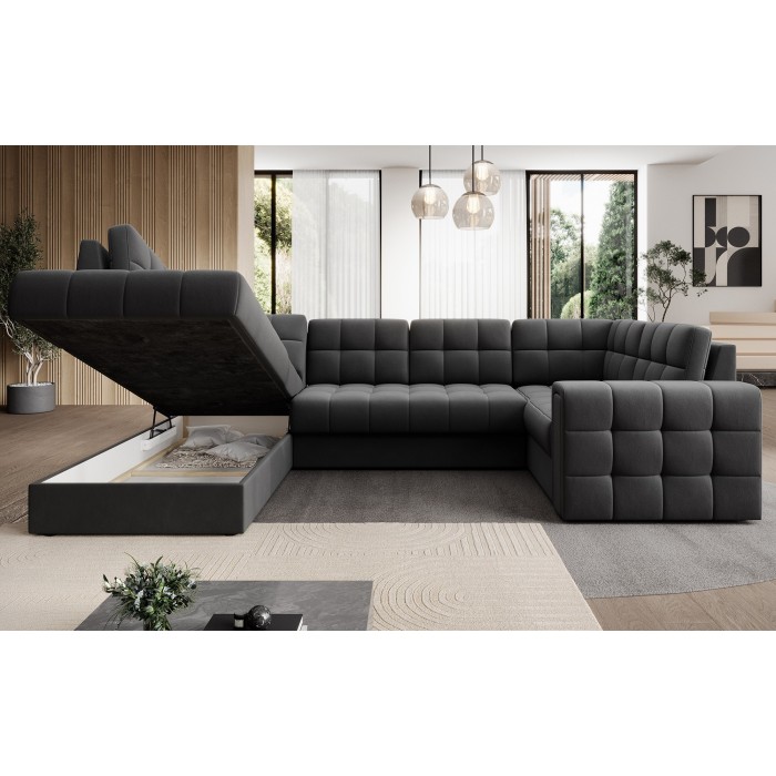 Canapé d’angle convertible MONTEZA gris foncé gauche 299 cm avec coffre et couchage 
