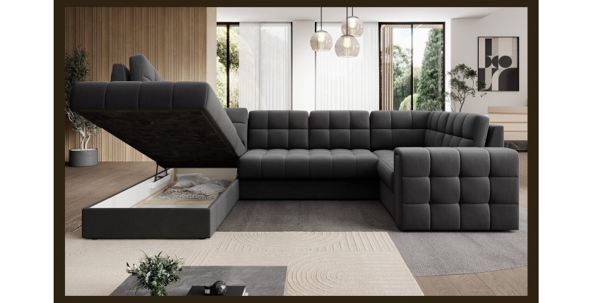 Canapé d’angle convertible MONTEZA gris foncé gauche 299 cm avec coffre et couchage 