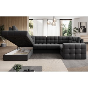 Canapé d’angle convertible MONTEZA gris foncé gauche 299 cm avec coffre et couchage 