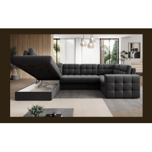 Canapé d’angle convertible MONTEZA gris foncé gauche 299 cm avec coffre et couchage 