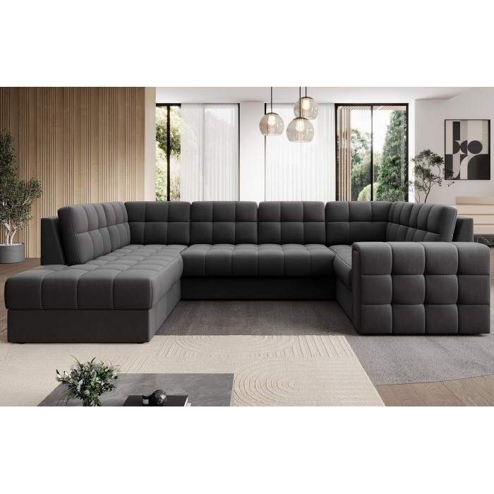Canapé d’angle convertible MONTEZA gris foncé gauche 299 cm avec coffre et couchage 