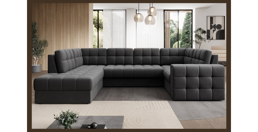 Canapé d’angle convertible MONTEZA gris foncé gauche 299 cm avec coffre et couchage 