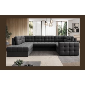 Canapé d’angle convertible MONTEZA gris foncé gauche 299 cm avec coffre et couchage 