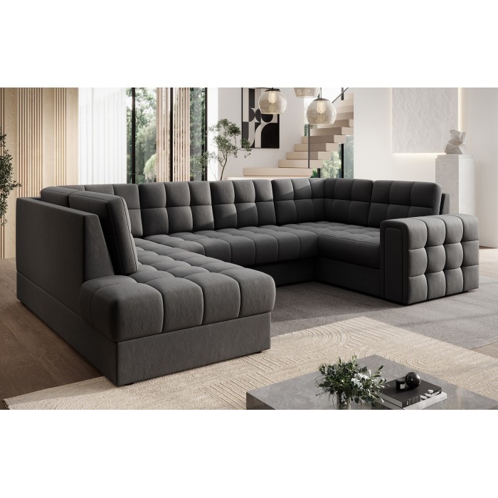 Canapé d’angle convertible MONTEZA gris foncé gauche 299 cm avec coffre et couchage 