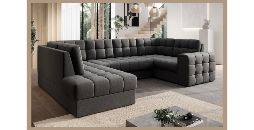 Canapé d’angle convertible MONTEZA gris foncé gauche 299 cm avec coffre et couchage 