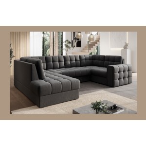 Canapé d’angle convertible MONTEZA gris foncé gauche 299 cm avec coffre et couchage 
