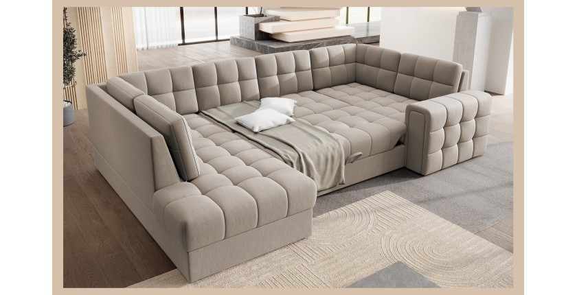Canapé d’angle convertible MONTEZA beige gauche 299 cm avec coffre et couchage 