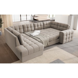 Canapé d’angle convertible MONTEZA beige gauche 299 cm avec coffre et couchage 