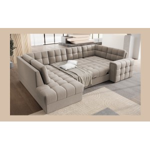 Canapé d’angle convertible MONTEZA beige gauche 299 cm avec coffre et couchage 