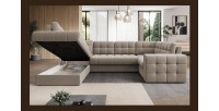 Canapé d’angle convertible MONTEZA beige gauche 299 cm avec coffre et couchage 