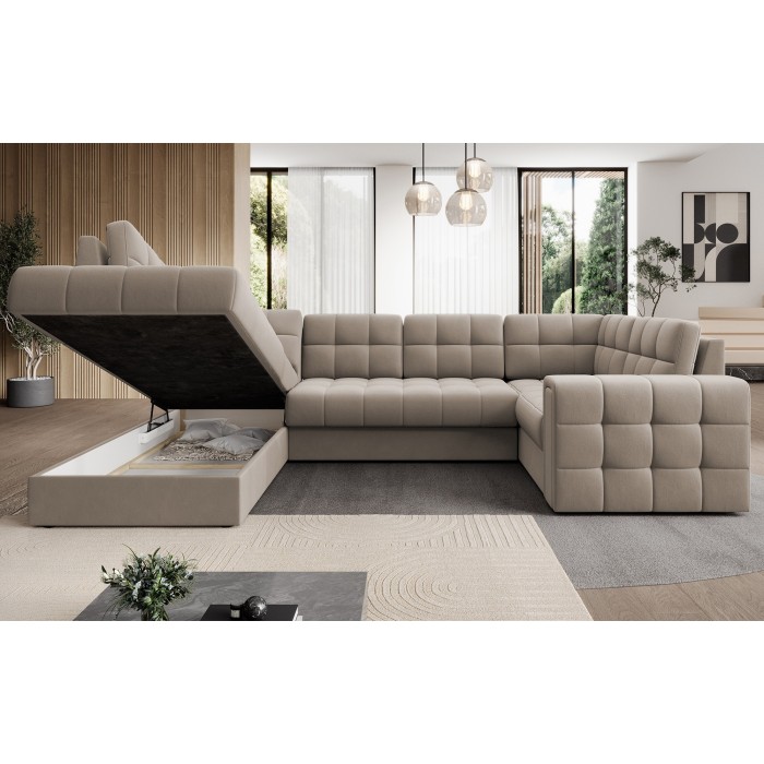 Canapé d’angle convertible MONTEZA beige gauche 299 cm avec coffre et couchage 