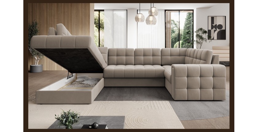 Canapé d’angle convertible MONTEZA beige gauche 299 cm avec coffre et couchage 