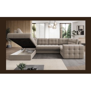 Canapé d’angle convertible MONTEZA beige gauche 299 cm avec coffre et couchage 