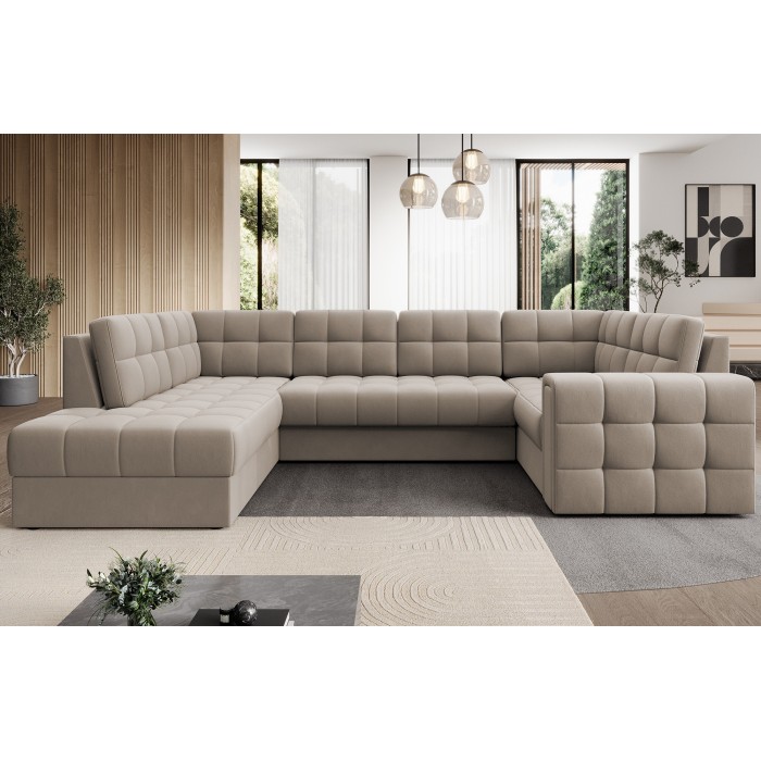 Canapé d’angle convertible MONTEZA beige gauche 299 cm avec coffre et couchage 