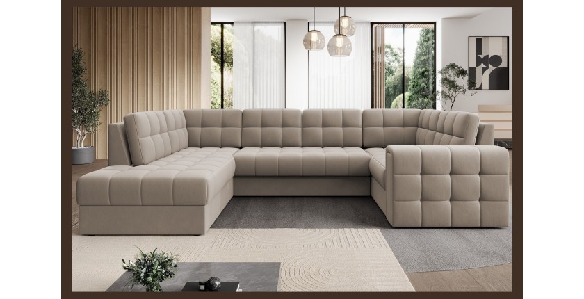 Canapé d’angle convertible MONTEZA beige gauche 299 cm avec coffre et couchage 