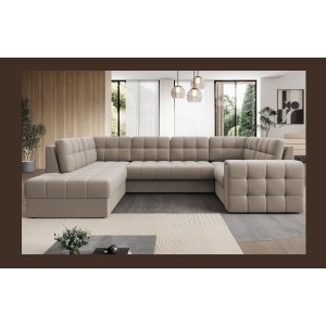 Canapé d’angle convertible MONTEZA beige gauche 299 cm avec coffre et couchage 