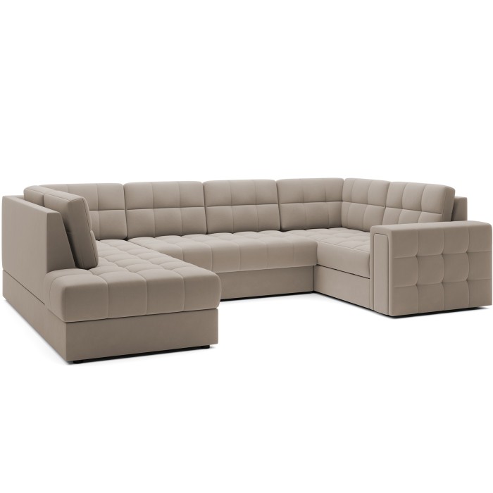 Canapé d’angle convertible MONTEZA beige gauche 299 cm avec coffre et couchage 